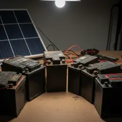 Mehrere Autobatterien sind zu einem Solarspeicher-System verbunden, mit einem Solarpanel im Hintergrund.