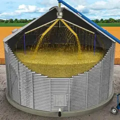 Ein **Silo** ist ein großer Speicher für Getreide. Hier wird Korn per Förderband in das offene Silo geschüttet.