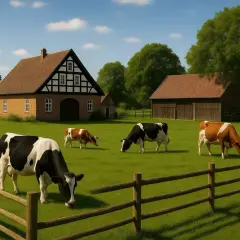 Kühe grasen auf einer grünen Wiese vor einem Fachwerkhof und einer Scheune. Idylle der **altenteiler landwirtschaft**.