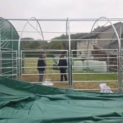 Aufbau einer 100 qm Halle genehmigungsfrei in Bayern. Männer montieren das grüne Dach einer Leichtbauhalle.