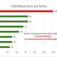 Balkendiagramm zeigt CO2-Steuer in Euro pro Tonne von 2021 bis 2028.