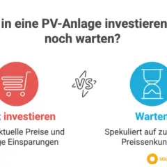 Grafik vergleicht Investition in PV-Anlage jetzt vs. warten. Die **Preisentwicklung Solarmodule** ist entscheidend. Links: Einkaufswagen-Symbol, "Jetzt investieren", sichert aktuelle Preise. Rechts: Sanduhr-Symbol, "Warten", spekuliert auf Preissenkungen.