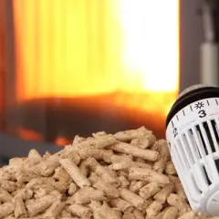 Holzpellets vor einem Kaminfeuer, daneben ein Thermostat zur CO2-Steuer.