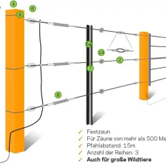 Schema eines Weidezauns für Rinder, der die Vorschriften für Pfahlabstand und Reihenanzahl zeigt. Auch für Wildtiere geeignet.