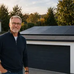 Mann vor Garage mit Solarmodulen. Ein Balkonkraftwerk, wie von der Bundesnetzagentur genehmigt, liefert saubere Energie.