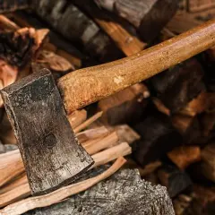 Axt liegt auf einem Stapel Brennholz. Der raummeter holz preis ist hier nicht ersichtlich, aber das Holz ist bereit zum Spalten.