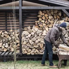 Mann mit blauer Mütze lagert Holz in einer Schubkarre vor einem Holzschuppen.