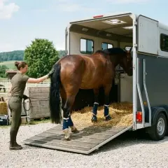 Frau lädt Pferd in Anhänger. Beachten Sie die Vorschriften für Pferde transportieren.