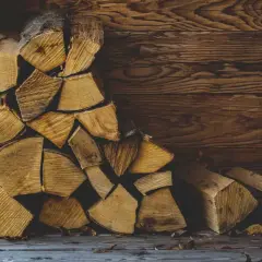 Gestapeltes Brennholz vor einer Holzwand. Die Frage, wie lange muss brennholz trocknen, beschäftigt jeden, der es für den Winter vorbereitet.
