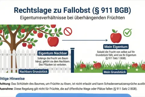 Rechtslage zu Fallobst: Überhängende Früchte gehören dem Nachbarn, bis sie auf Ihr Grundstück fallen. Das Pflücken ist verboten.