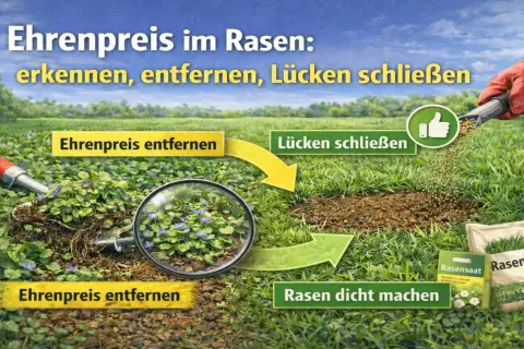 Ehrenpreis im Rasen erkennen und entfernen. Mit Rasensamen Lücken schließen für einen dichten Rasen.