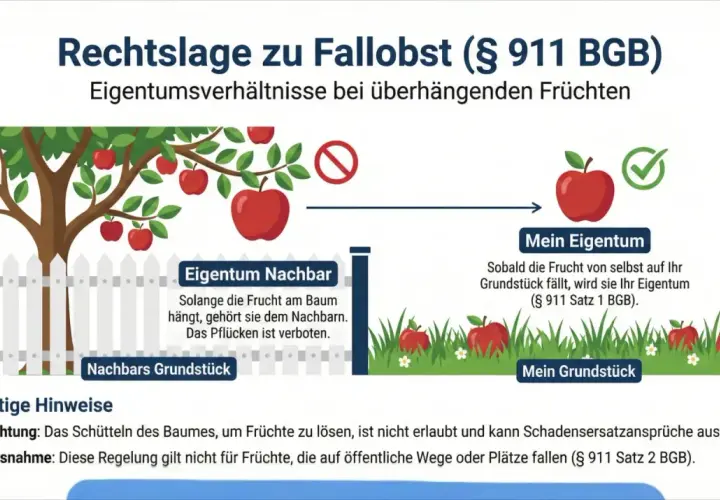 Rechtslage zu Fallobst: Überhängende Früchte gehören dem Nachbarn, bis sie auf Ihr Grundstück fallen. Das Pflücken ist verboten.
