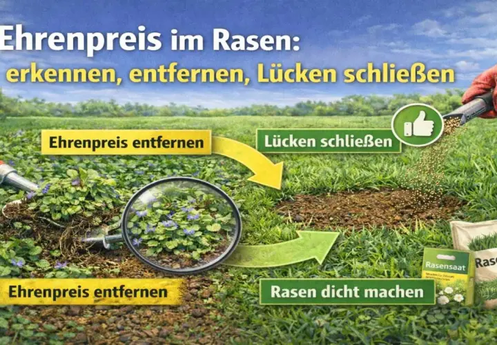 Ehrenpreis im Rasen erkennen und entfernen. Mit Rasensamen Lücken schließen für einen dichten Rasen.