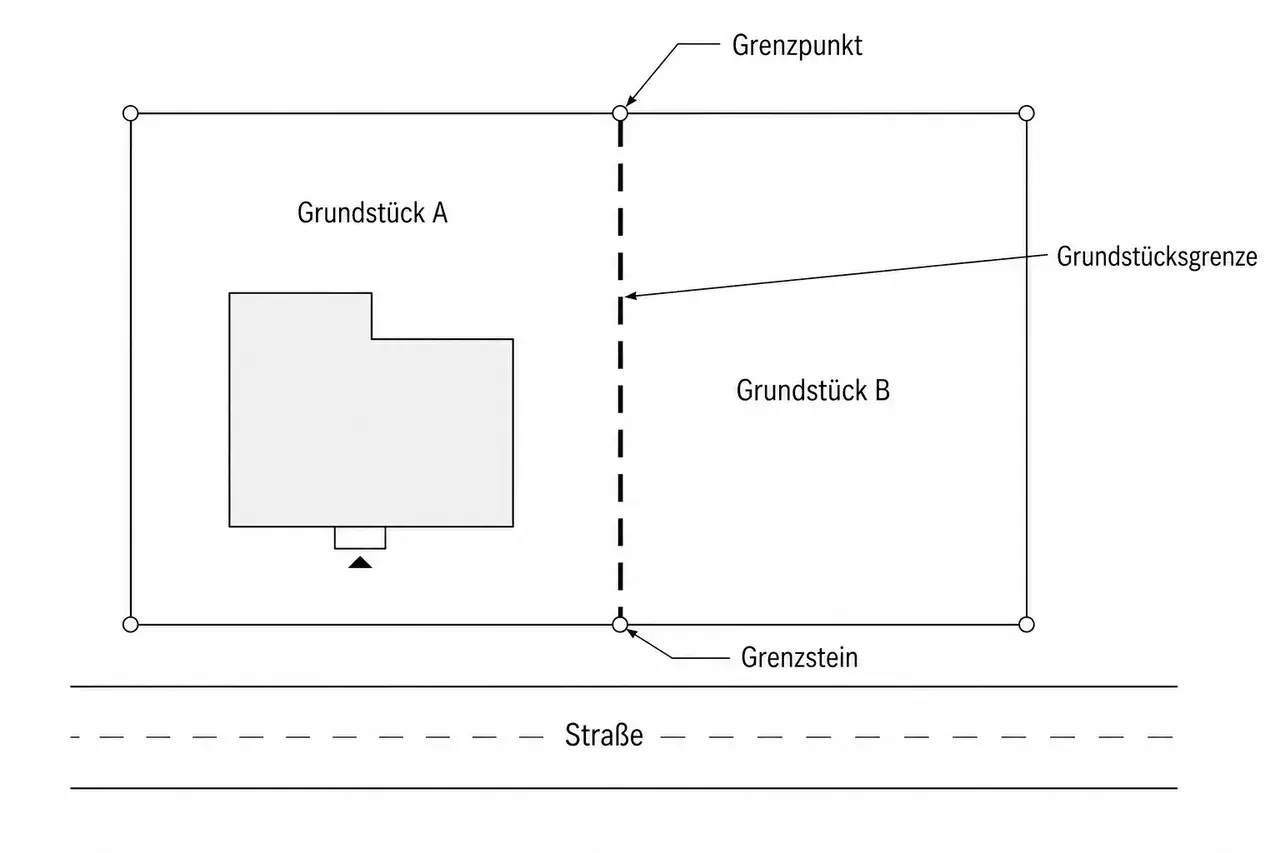 Schema zur Bestimmung von **Grenzpunkten** und Grundstücksgrenzen. Grundstück A mit Haus und Grundstück B sind durch eine gestrichelte Linie getrennt.