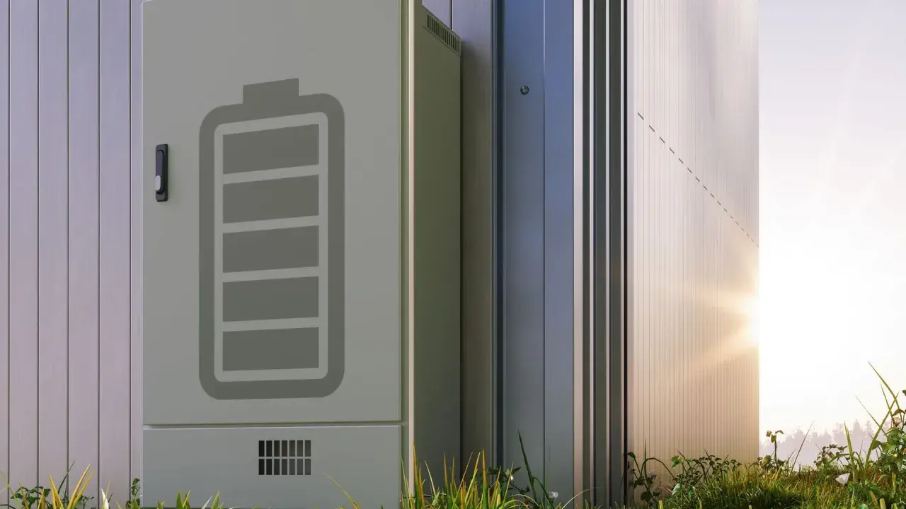 Ein moderner Batteriespeicher steht im Freien. Das Symbol einer vollen Batterie ist auf der Seite angebracht, was auf einen erfolgreichen batteriespeicher test hindeutet.