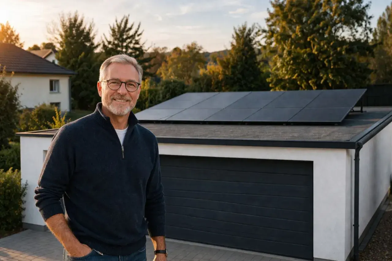 Mann vor Garage mit Solarmodulen. Ein Balkonkraftwerk, wie von der Bundesnetzagentur genehmigt, liefert saubere Energie.
