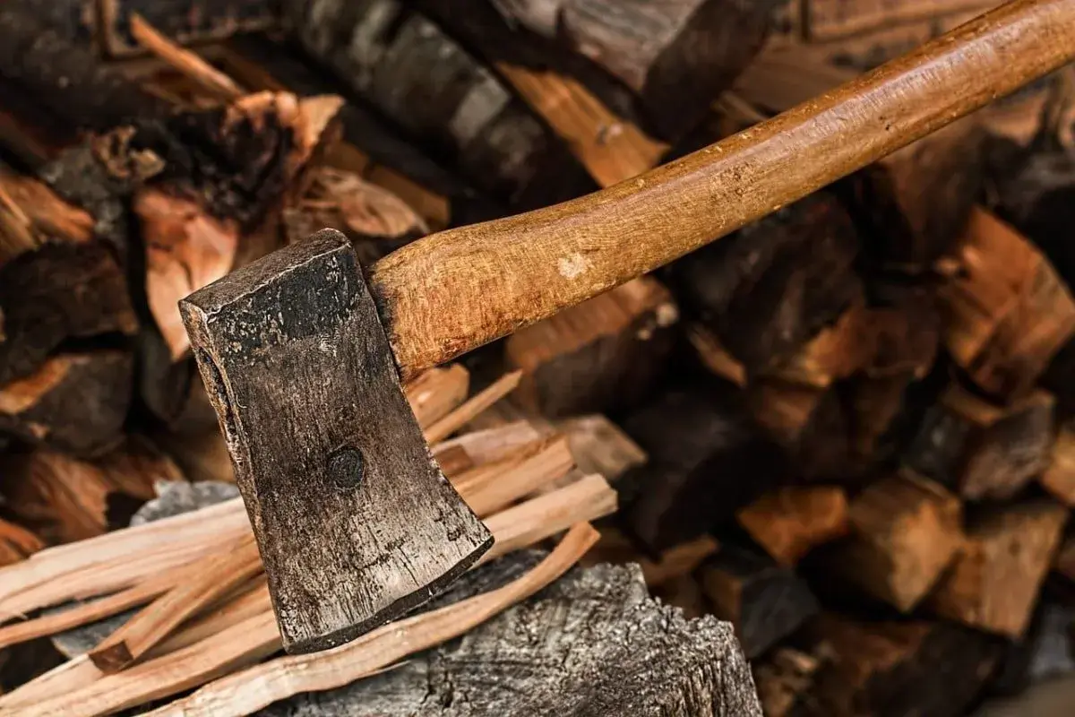 Axt liegt auf einem Stapel Brennholz. Der raummeter holz preis ist hier nicht ersichtlich, aber das Holz ist bereit zum Spalten.