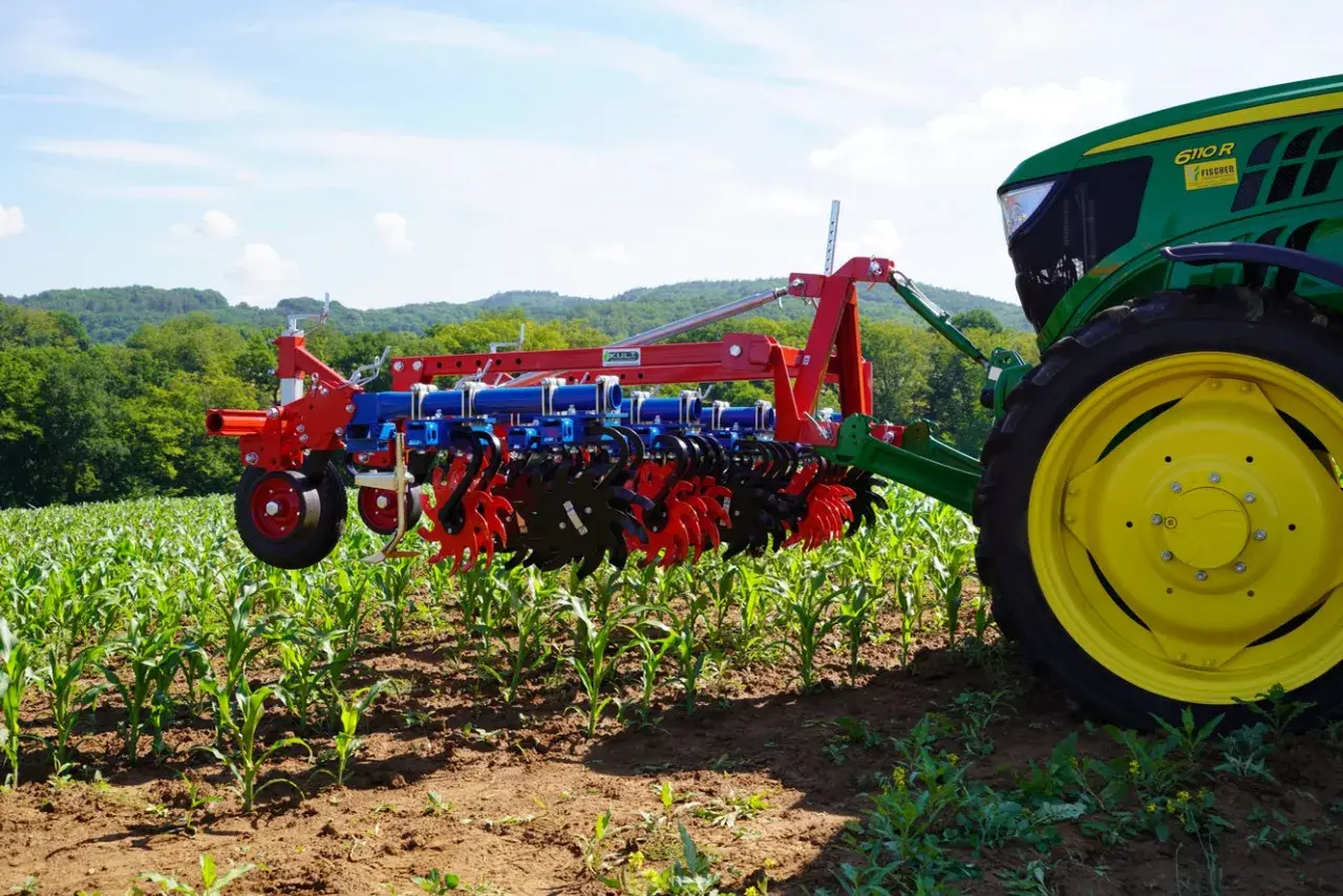 Moderner Grubber für die Landwirtschaft im Einsatz, der den Boden zwischen jungen Maispflanzen lockert.