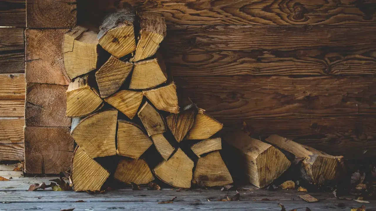 Gestapeltes Brennholz vor einer Holzwand. Die Frage, wie lange muss brennholz trocknen, beschäftigt jeden, der es für den Winter vorbereitet.
