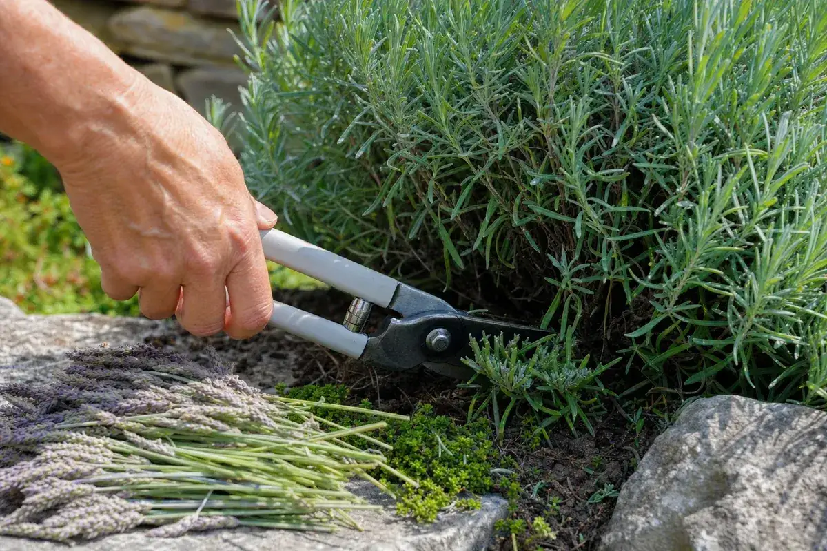 Eine Hand benutzt eine Gartenschere zum Lavendel schneiden. Ein Bund frisch geschnittener Lavendel liegt daneben.