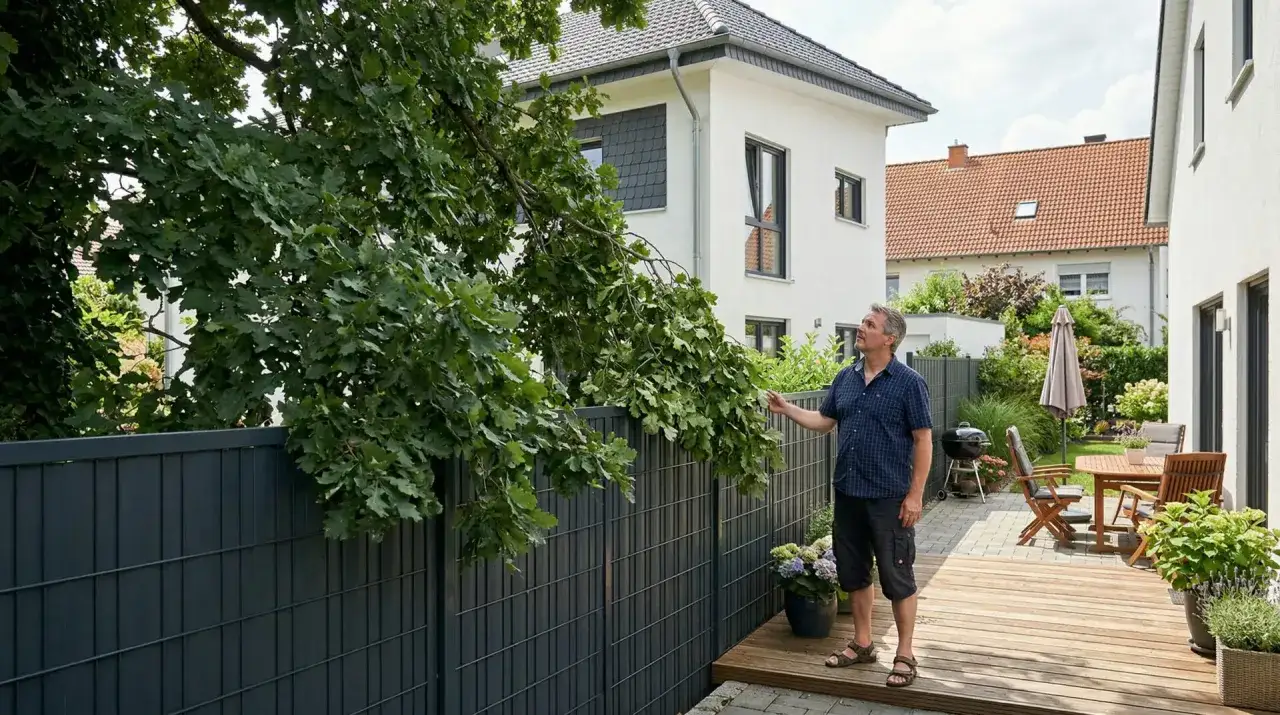 Mann blickt auf &uuml;berh&auml;ngende &Auml;ste. Muss ich Fallobst vom Nachbarn dulden?