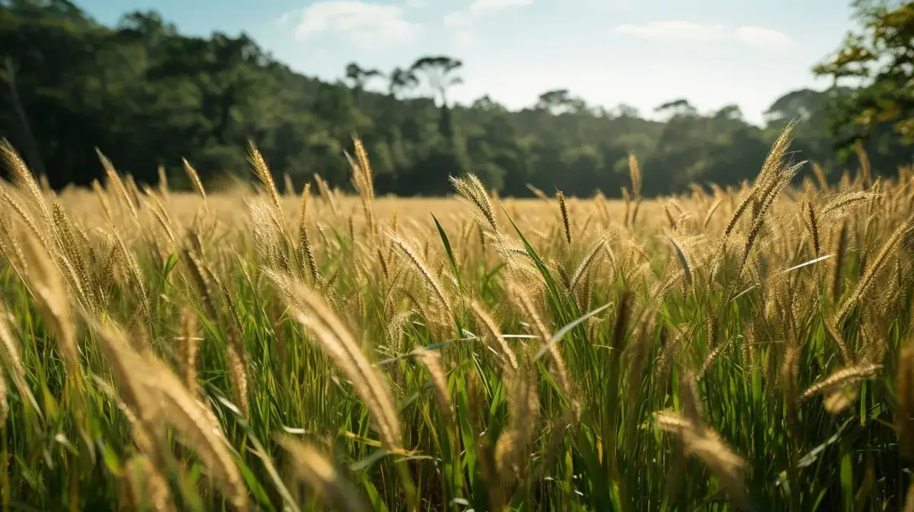 Ein Feld mit goldenem Teff-Gras im Sonnenlicht, das sich sanft im Wind wiegt. Im Hintergrund ein grüner Hügel.