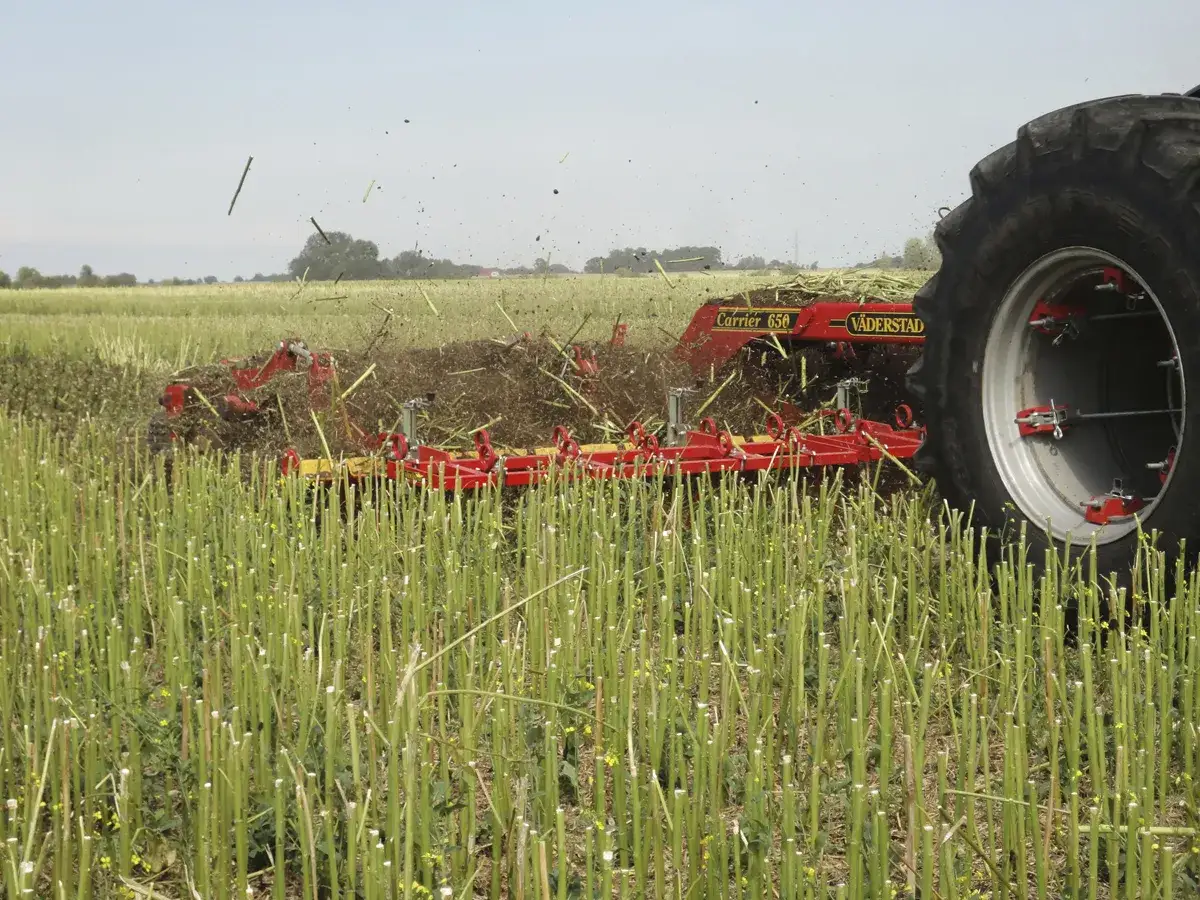Traktor mit einem Vaderstad Carrier 650 f&uuml;hrt pfluglose Bodenbearbeitung durch und bearbeitet ein Feld mit Rapstoppeln.