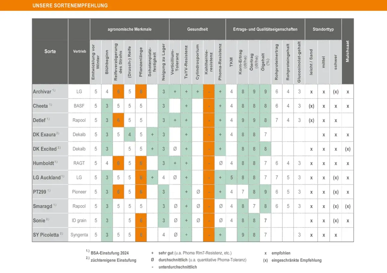 Vergleich von Raps-Sorten: Archivar, Cheeta, Detlef, DK Exaura, DK Excited, Humboldt, LG Auckland, PT299, Smaragd, Sonie, SY Picoletta. Daten zu Ertrag, Gesundheit und Standorttyp.