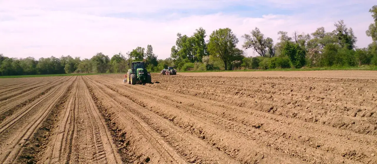 Traktoren bereiten ein spargel feld vor. Die Erde ist aufgewühlt und in Reihen angelegt.