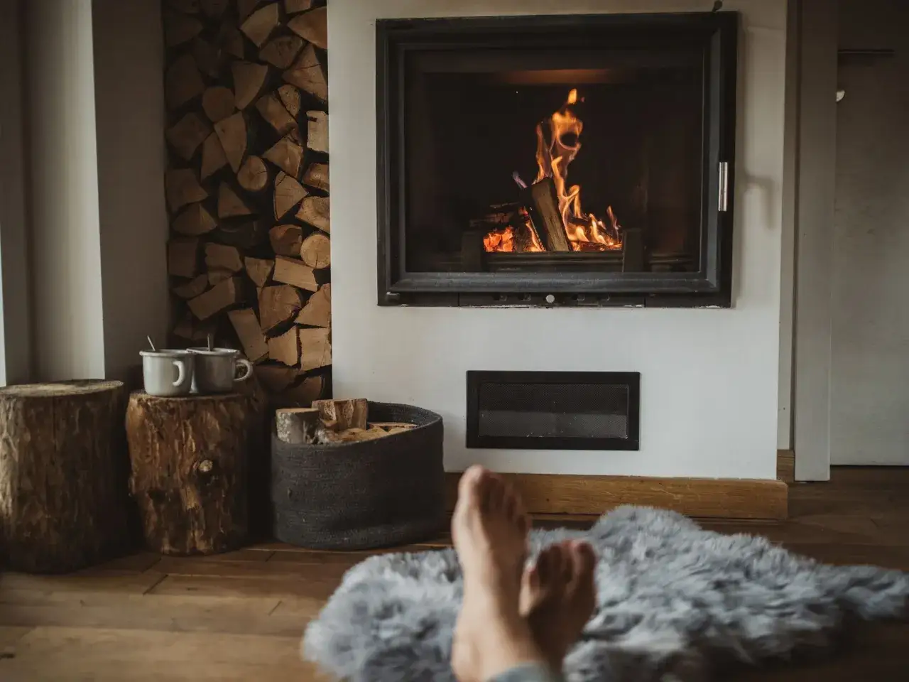 Gemütliche Füße vor dem Kamin, dane Stapel von buche hart oder weichholz.