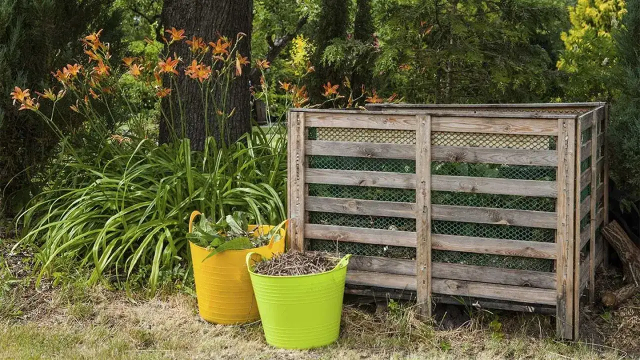 Zwei Eimer, gefüllt mit Gartenabfällen, stehen neben einem Komposter. Ein schöner Bio-Garten im Sommer.