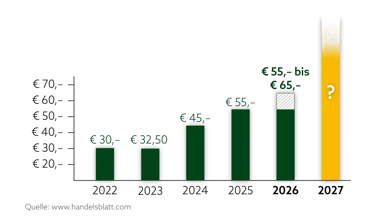 Balkendiagramm zeigt steigende Preise für Pellets, mit einer möglichen CO2-Steuer, die den Preis auf bis zu 65 € treibt.